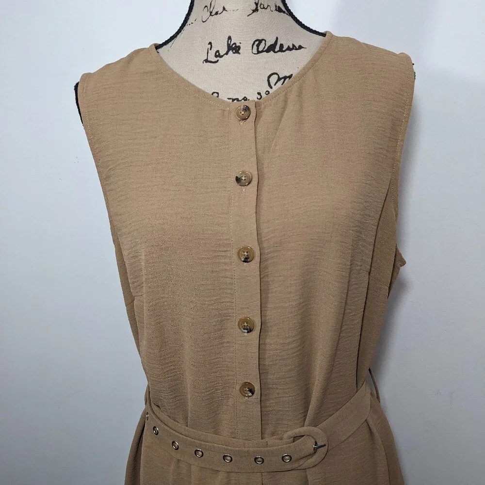 NWT Grace Karin Beige Sleeveless Summer Textured Midi Dress Belted Buttons XL - Picture 2 of 13